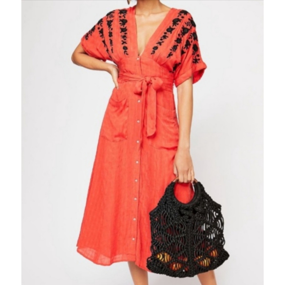 FREE PEOPLE Love to Love You Midi Dress Orange Black Small